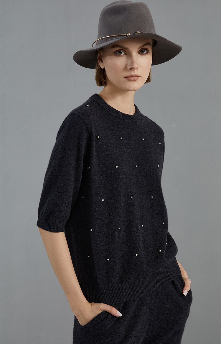 Saf Kaşmir İşlemeli Kazak