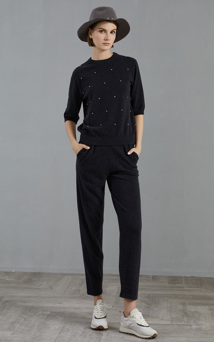 Saf Kaşmir İşlemeli Kazak