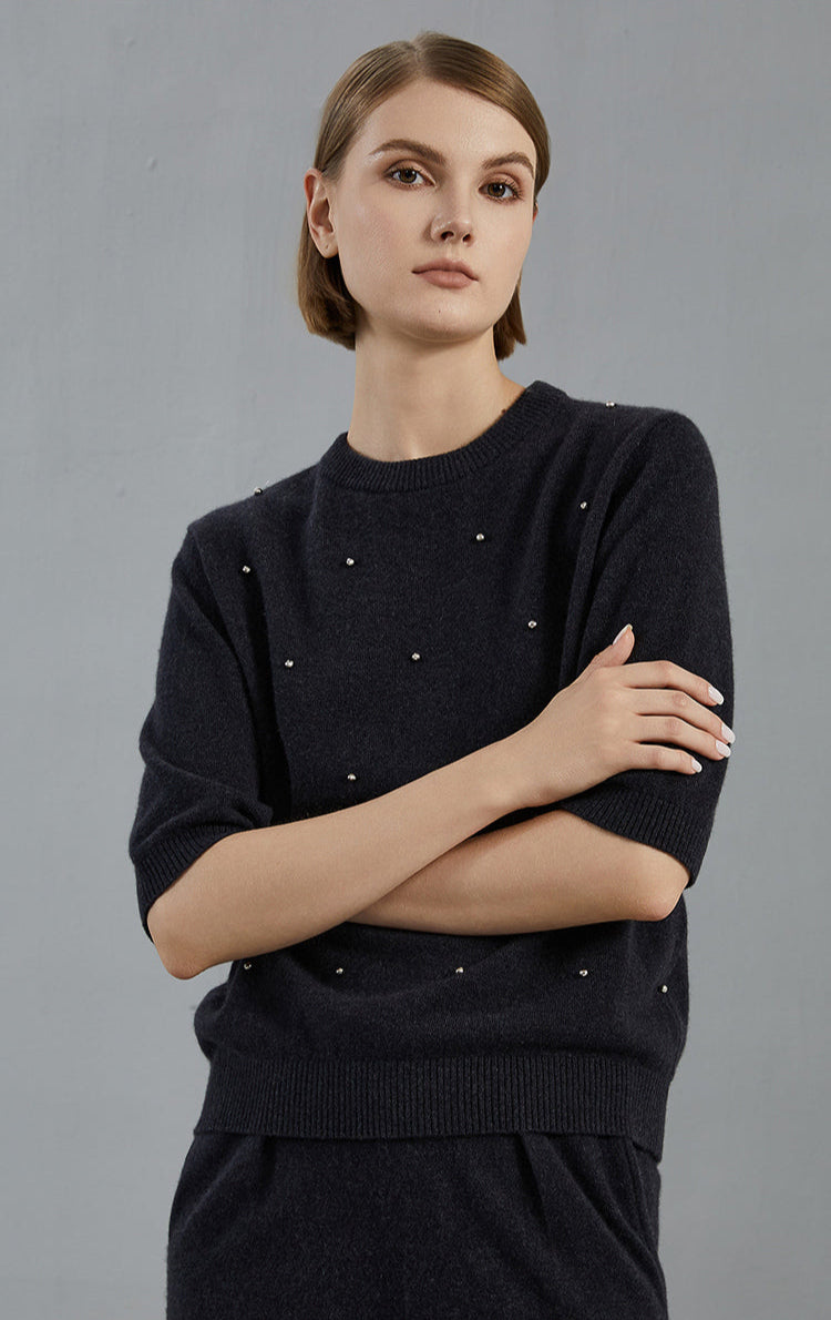 Saf Kaşmir İşlemeli Kazak