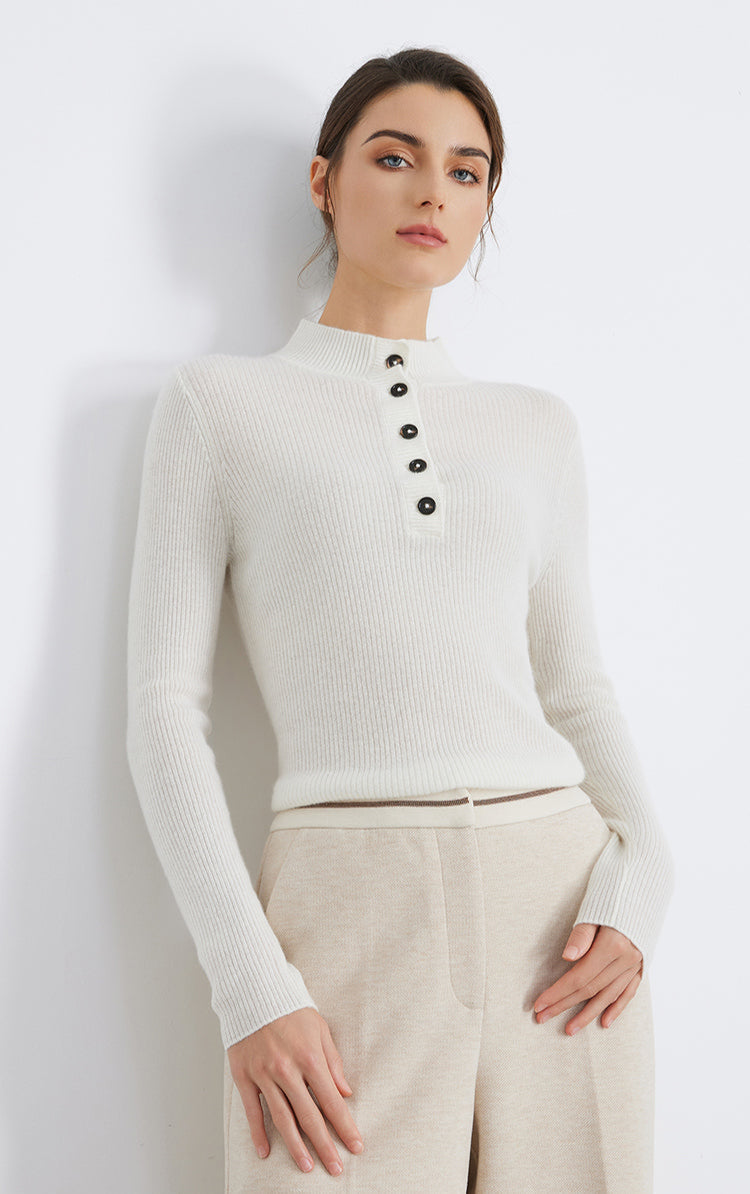 Saf Kaşmir Düğmeli Yaka Kazak