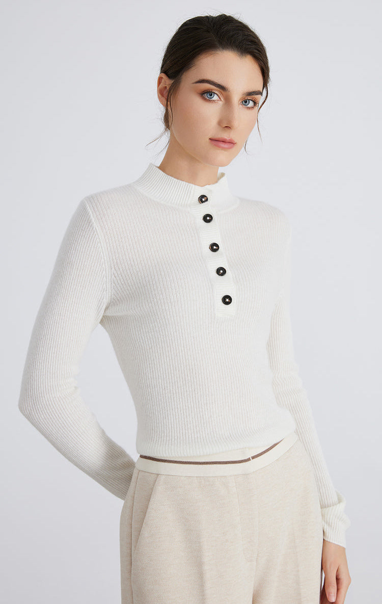 Saf Kaşmir Düğmeli Yaka Kazak