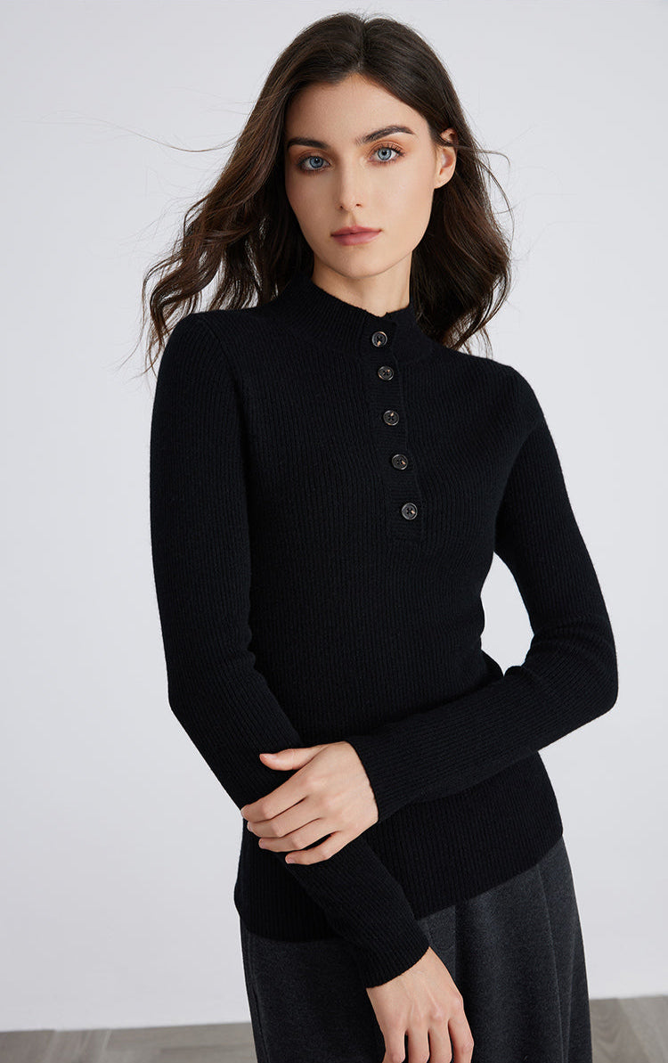 Saf Kaşmir Düğmeli Yaka Kazak