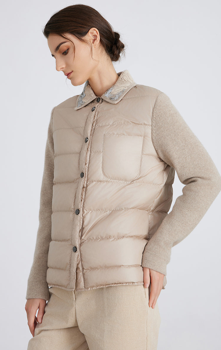 İpek & Yün Dolgulu Pul İşlemeli Mont