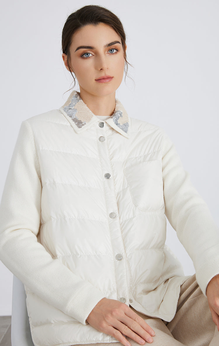 İpek & Yün Dolgulu Pul İşlemeli Mont