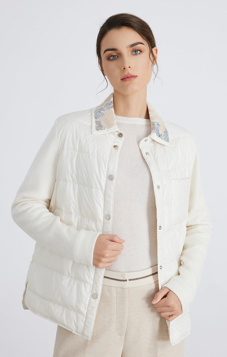 İpek & Yün Dolgulu Pul İşlemeli Mont