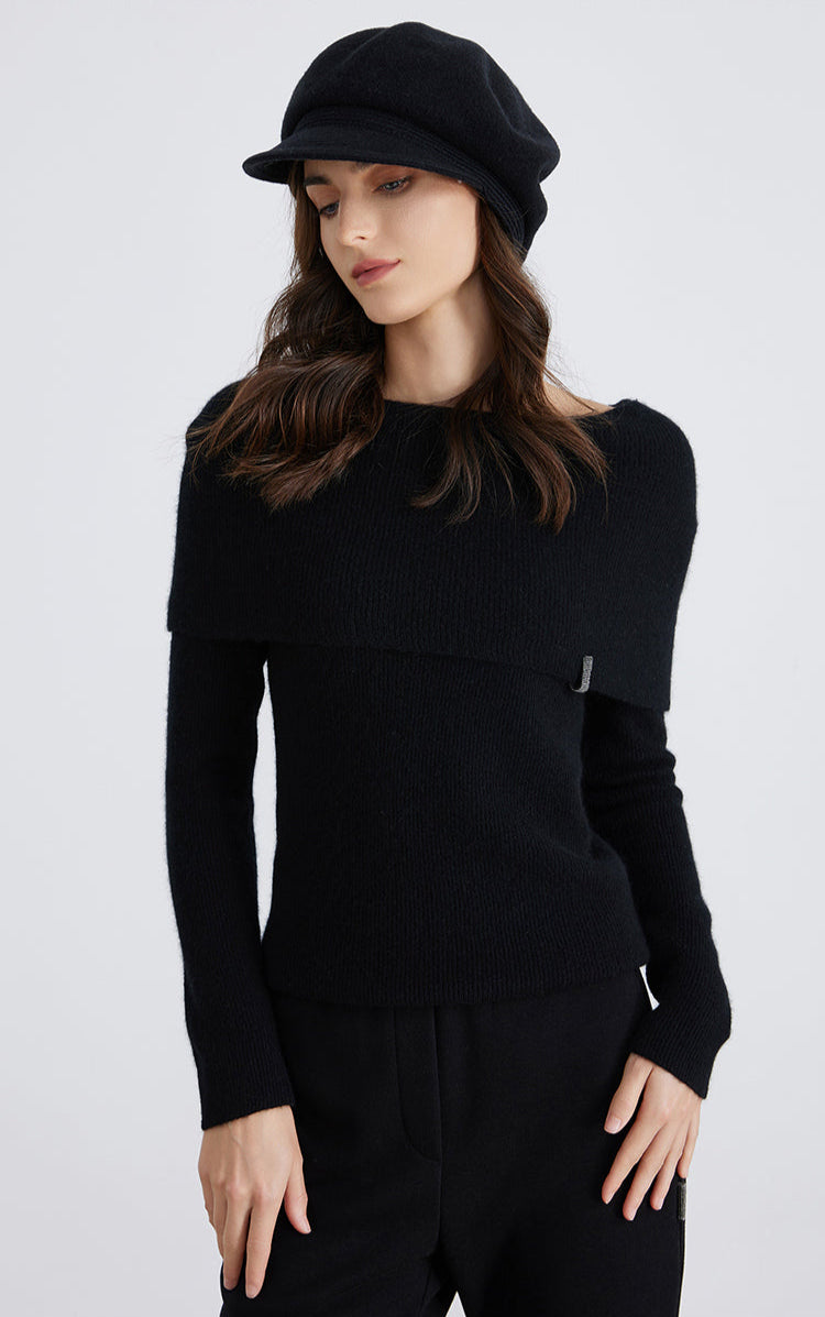 Saf Kaşmir Kayışlı Omuz Dekolteli Kazak