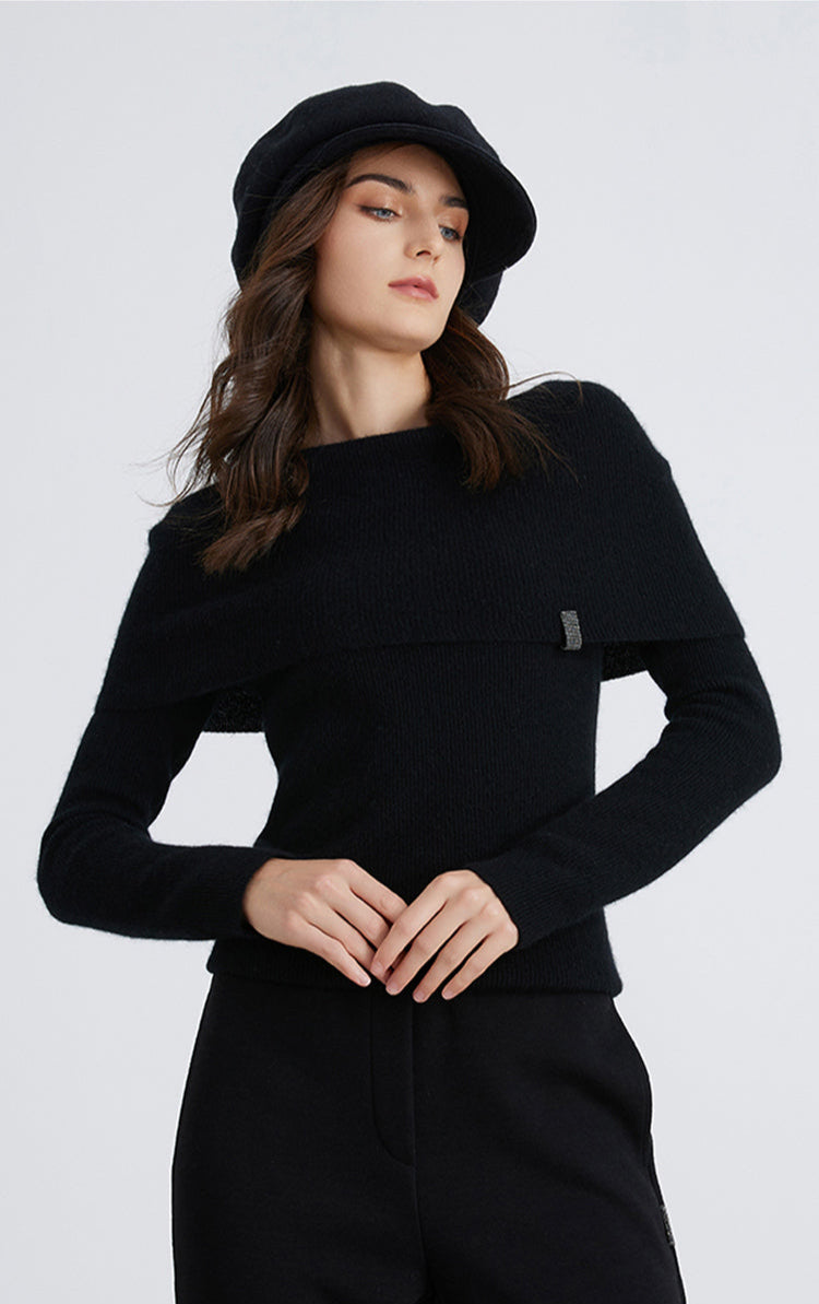 Saf Kaşmir Kayışlı Omuz Dekolteli Kazak