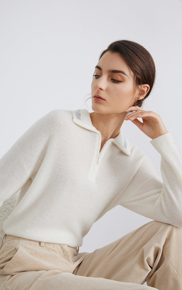 Saf Kaşmir Polo Yaka Örme Kazak