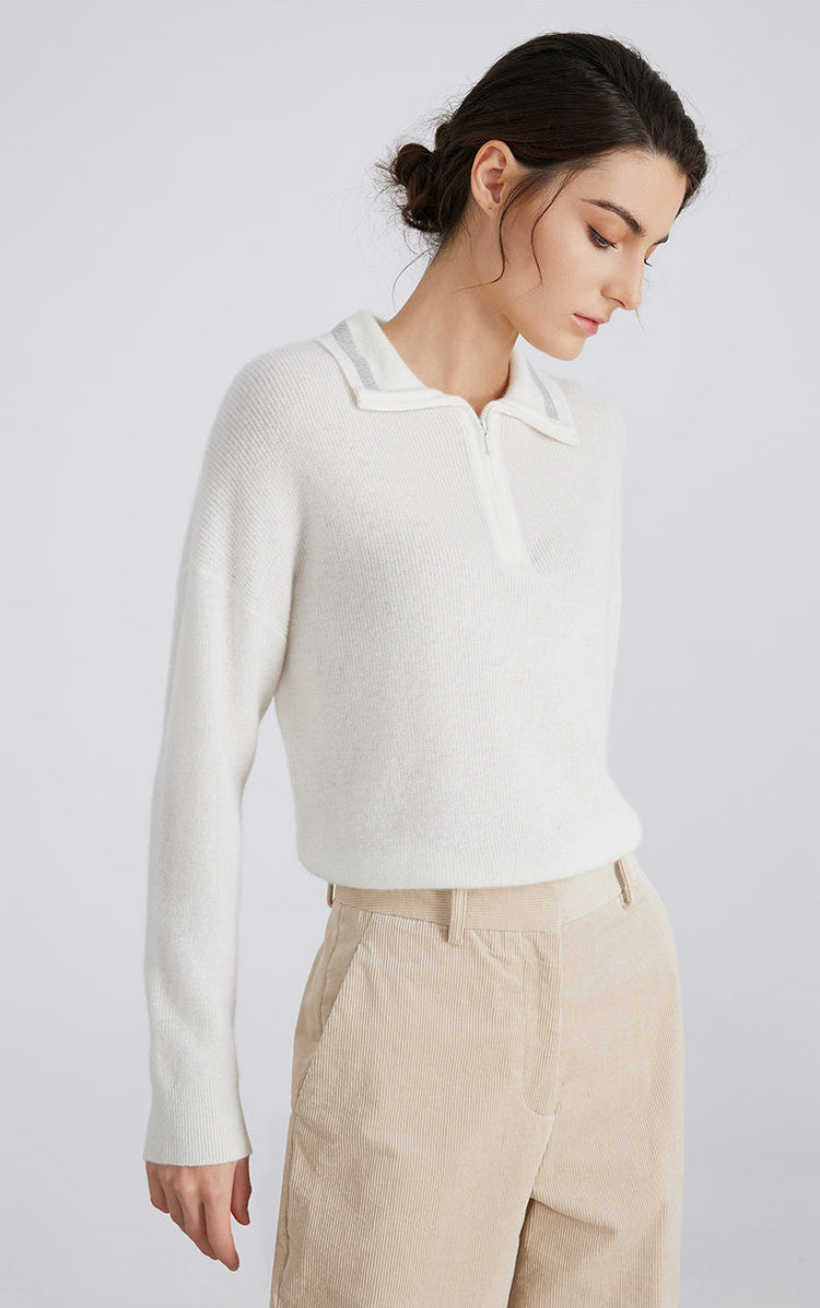 Saf Kaşmir Polo Yaka Örme Kazak