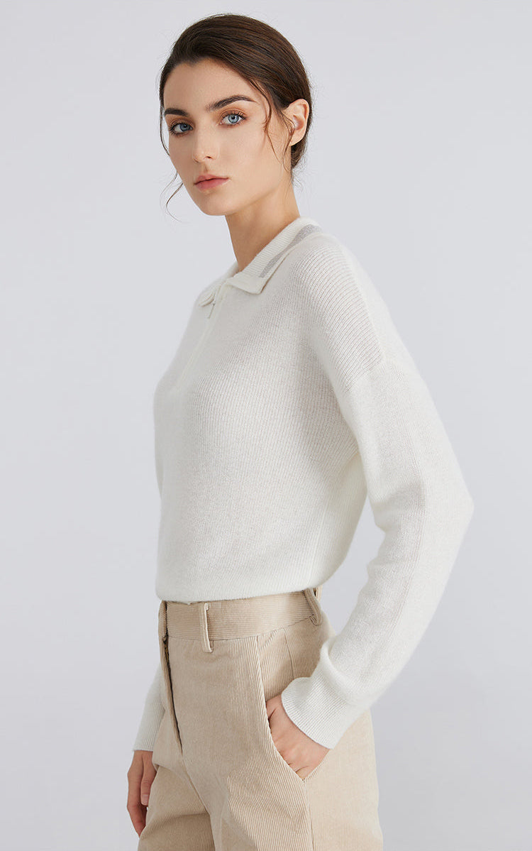 Saf Kaşmir Polo Yaka Örme Kazak