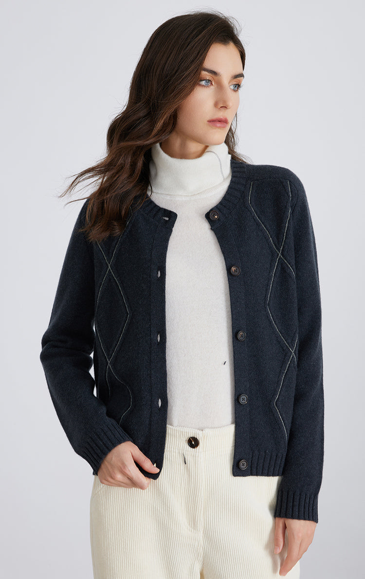 Merino Yünü Kareli Örgü Hırka