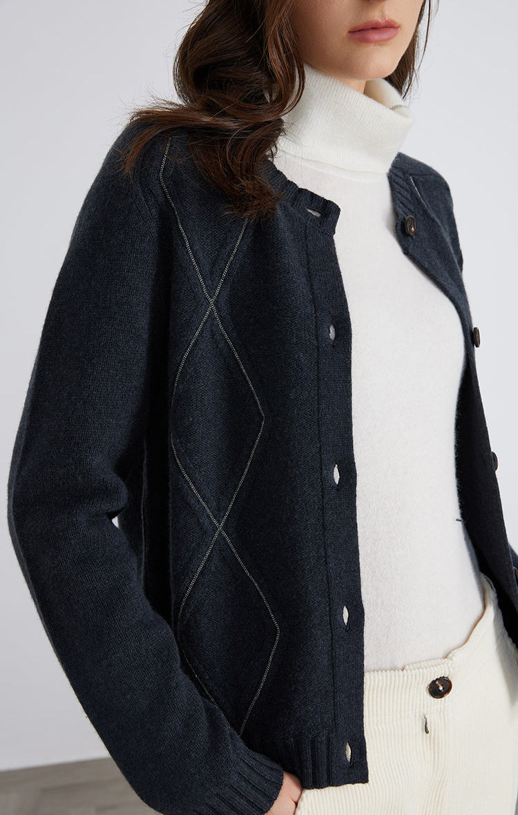 Merino Yünü Kareli Örgü Hırka