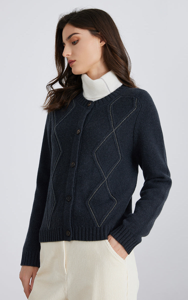 Merino Yünü Kareli Örgü Hırka