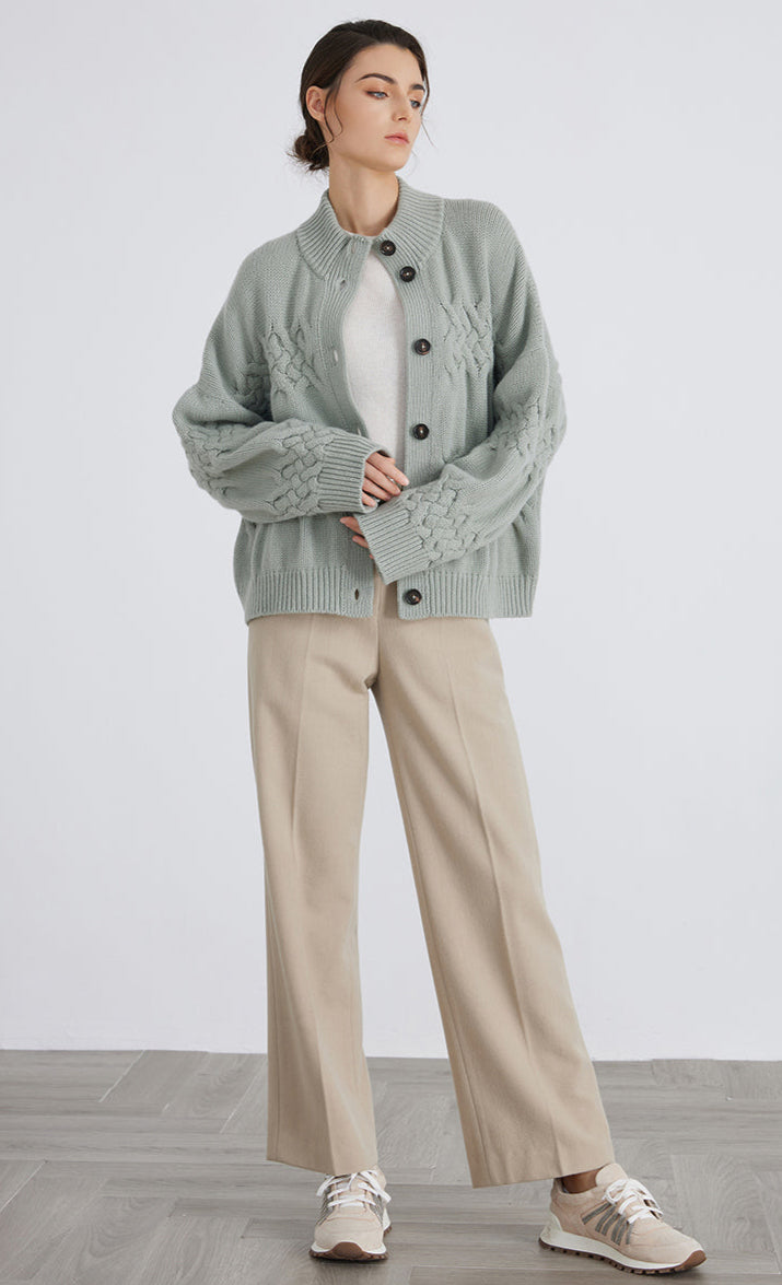 Merino Yünü Düğmeli Kadife Hırka