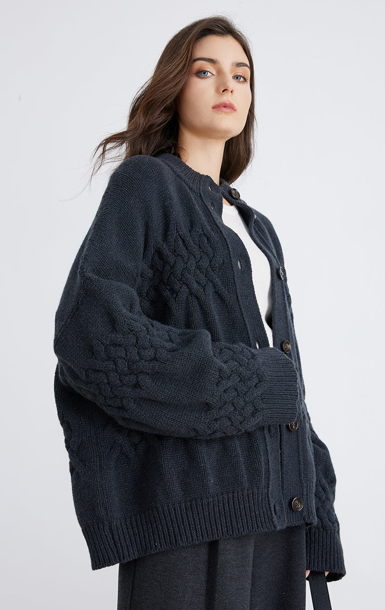 Merino Yünü Düğmeli Kadife Hırka