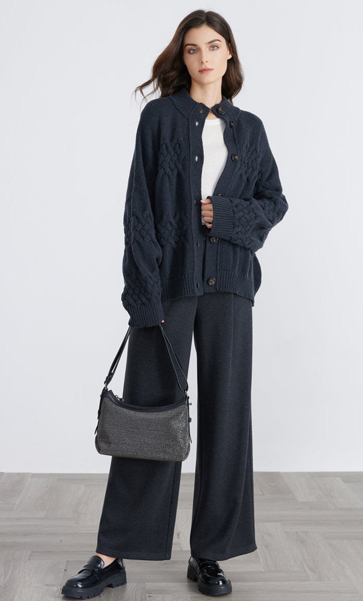 Merino Yünü Düğmeli Kadife Hırka