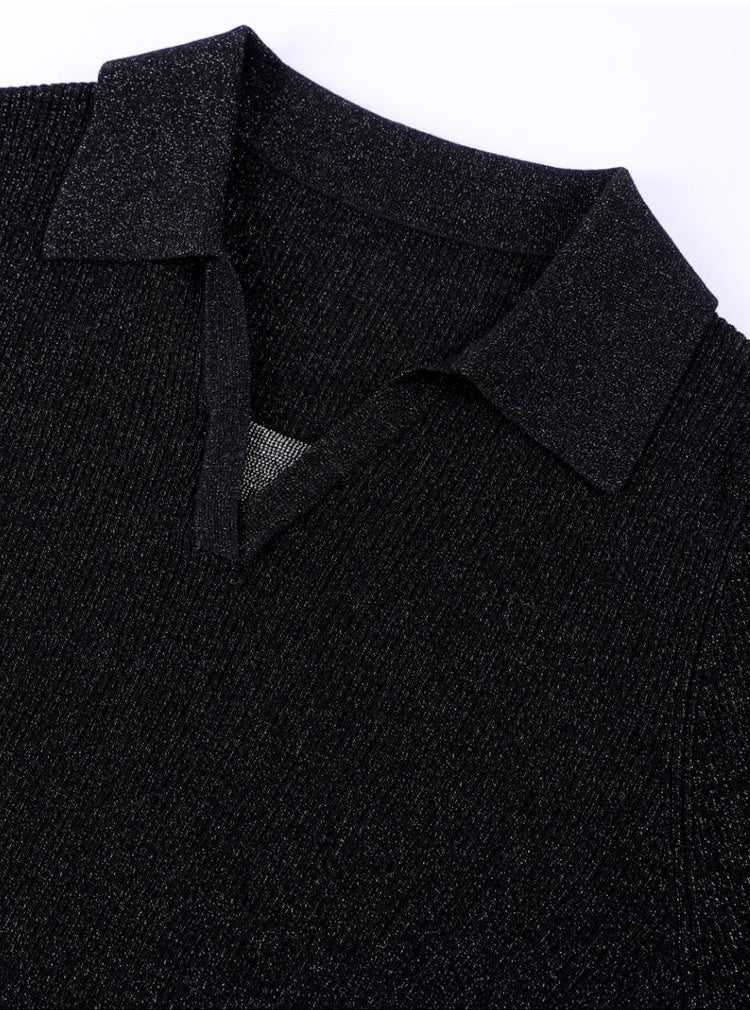 Yün Çizgili Nervürlü Polo Kazak