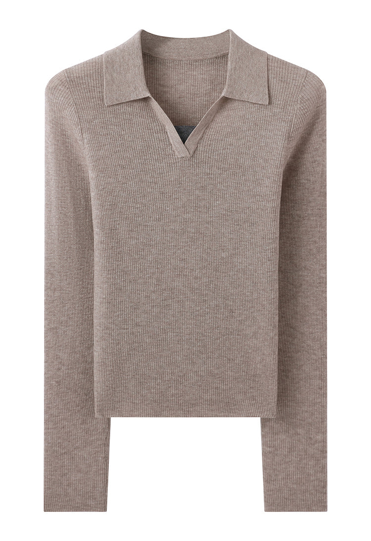 Yün Çizgili Nervürlü Polo Kazak