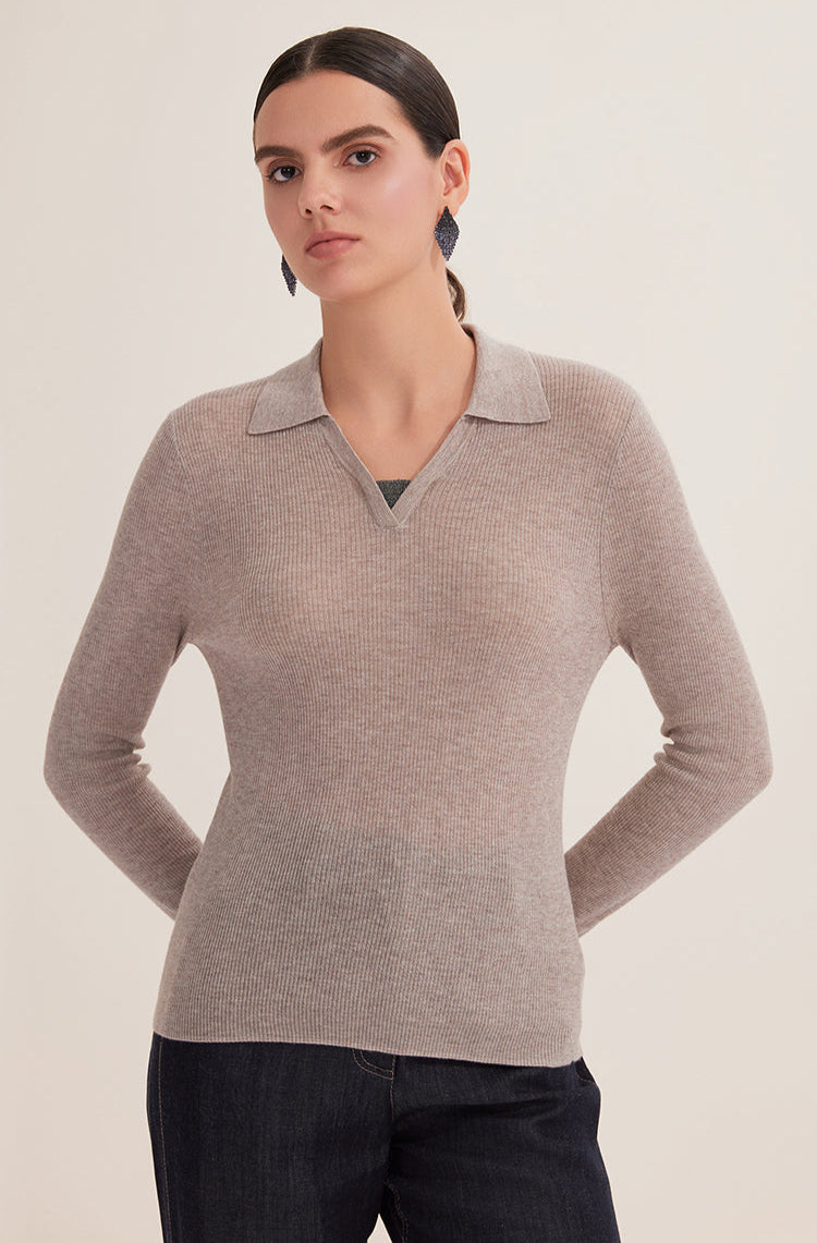 Yün Çizgili Nervürlü Polo Kazak