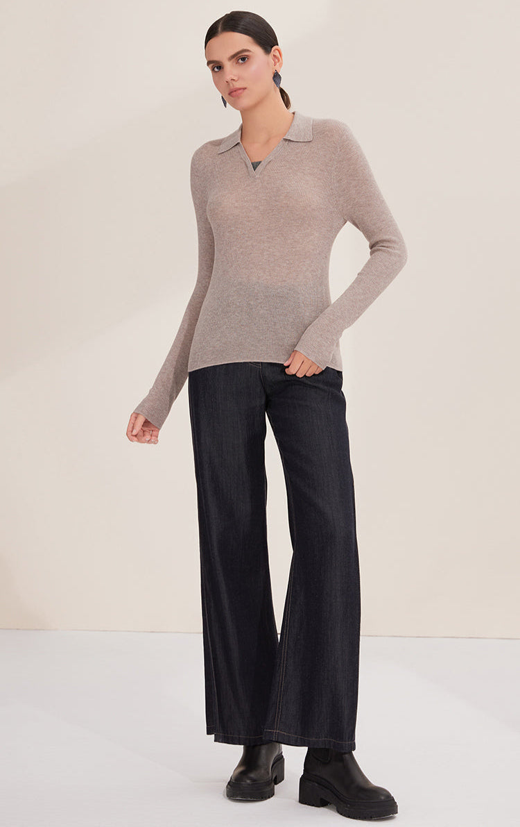 Yün Çizgili Nervürlü Polo Kazak