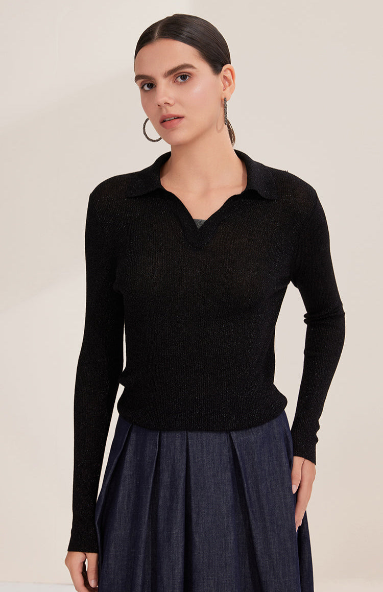 Yün Çizgili Nervürlü Polo Kazak