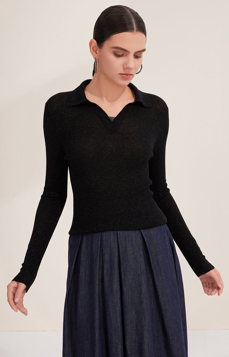 Yün Çizgili Nervürlü Polo Kazak