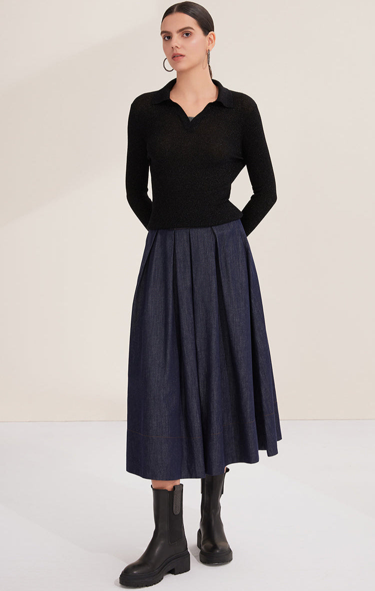 Yün Çizgili Nervürlü Polo Kazak