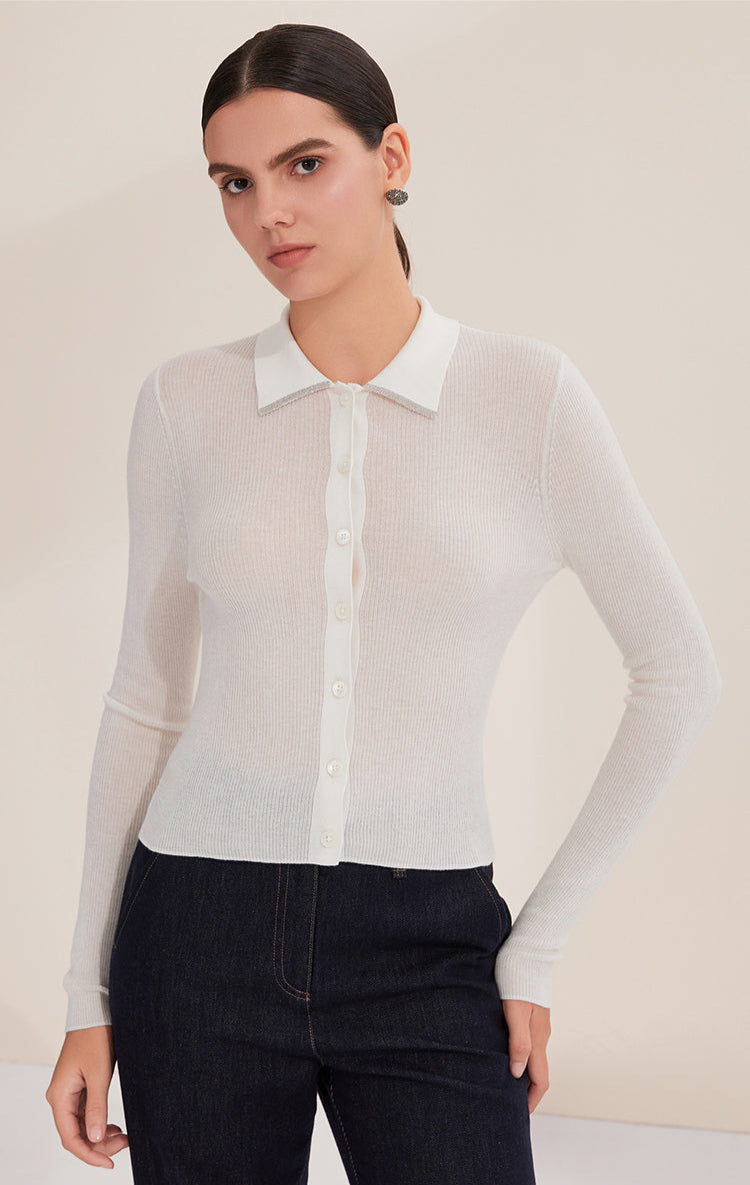 Yün İnce Çizgili Polo Hırka