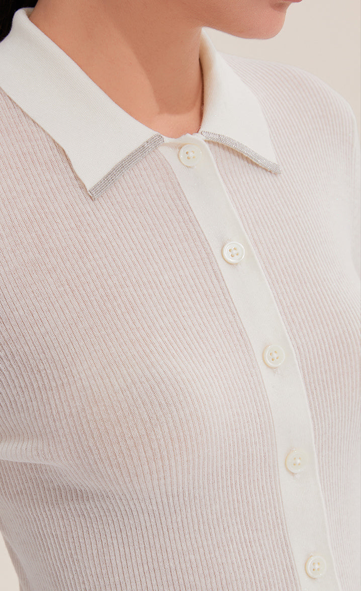 Yün İnce Çizgili Polo Hırka