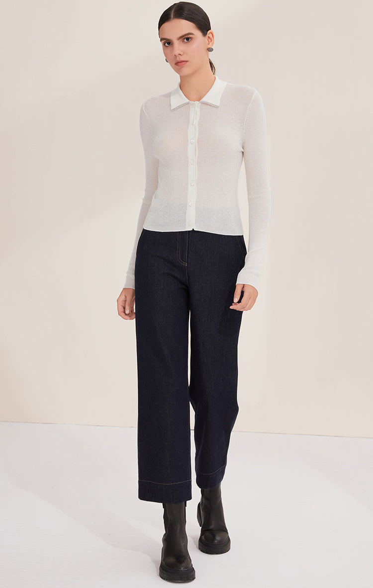 Yün İnce Çizgili Polo Hırka