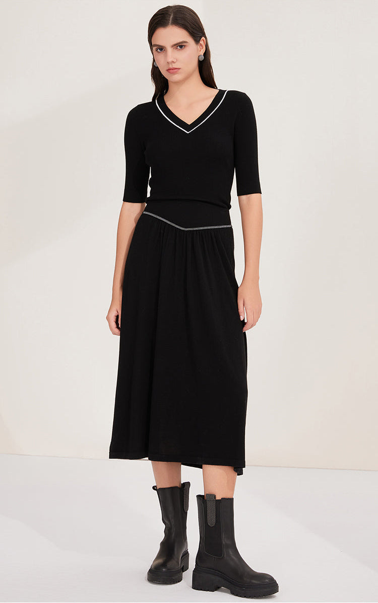 Merino Yünü V Yaka Ribana Bluz