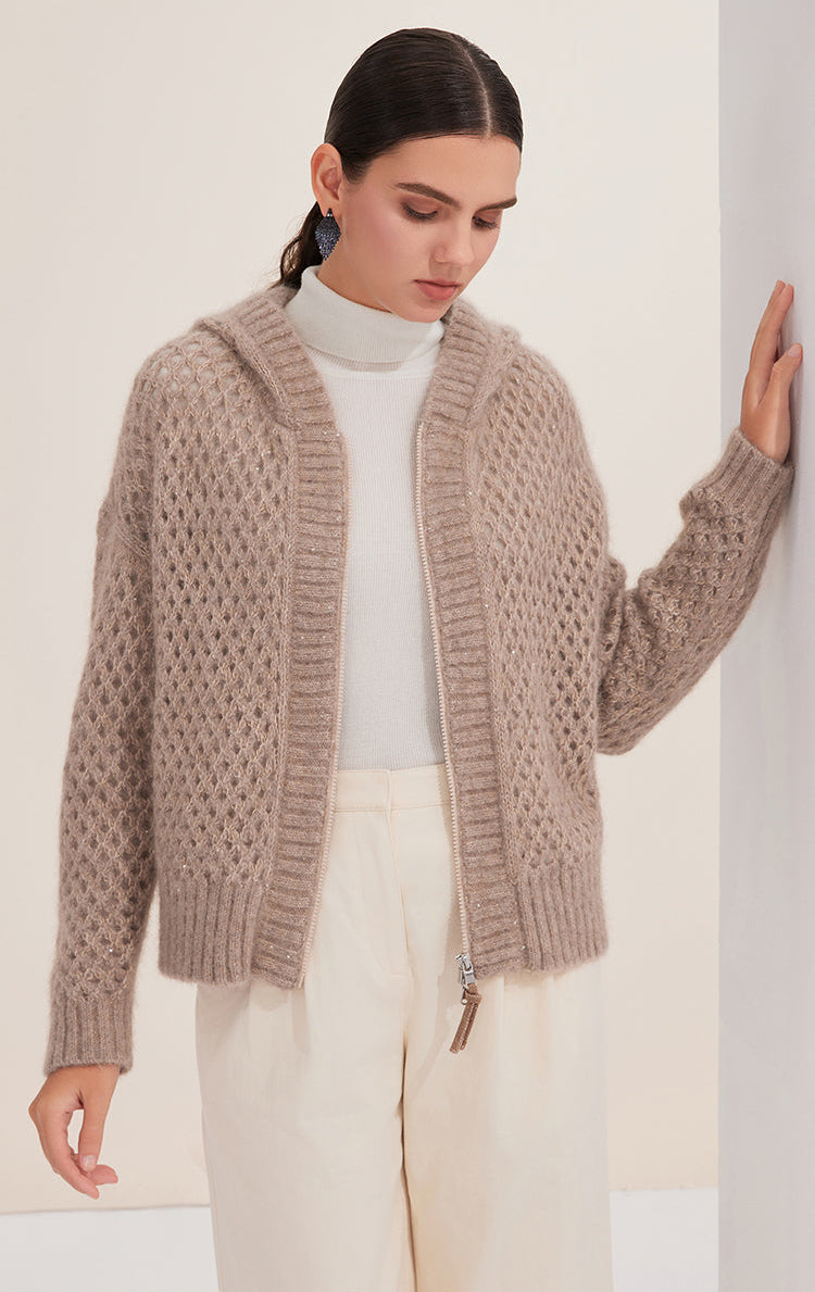 Saf Kaşmir Kapüşonlu Fermuarlı Hırka