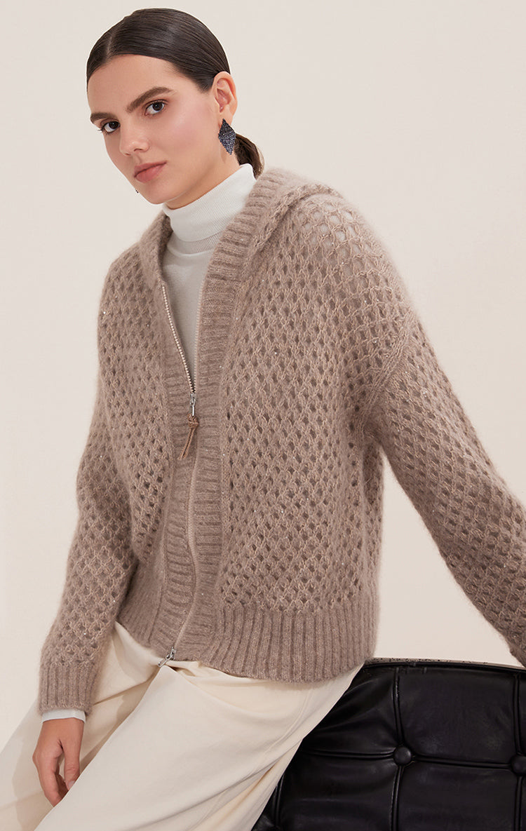 Saf Kaşmir Kapüşonlu Fermuarlı Hırka