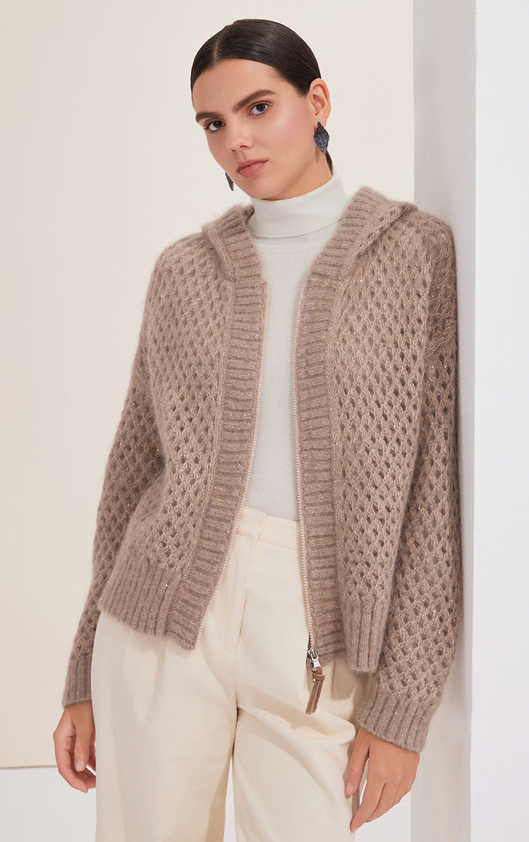 Saf Kaşmir Kapüşonlu Fermuarlı Hırka