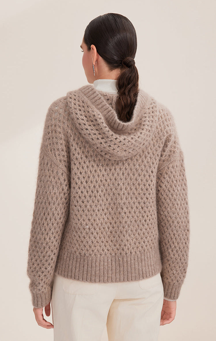 Saf Kaşmir Kapüşonlu Fermuarlı Hırka