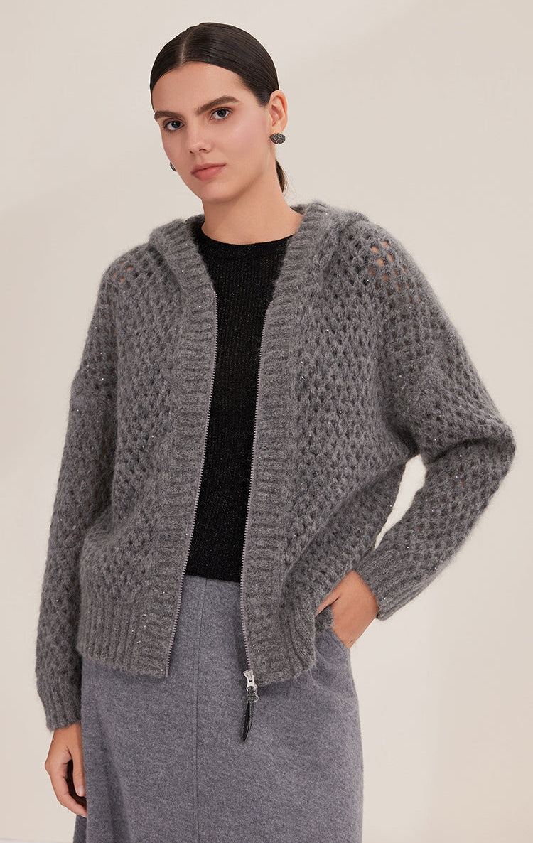 Saf Kaşmir Kapüşonlu Fermuarlı Hırka