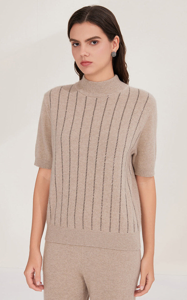 Saf Kaşmir Pul Bağlamalı Payet Çizgili Üst