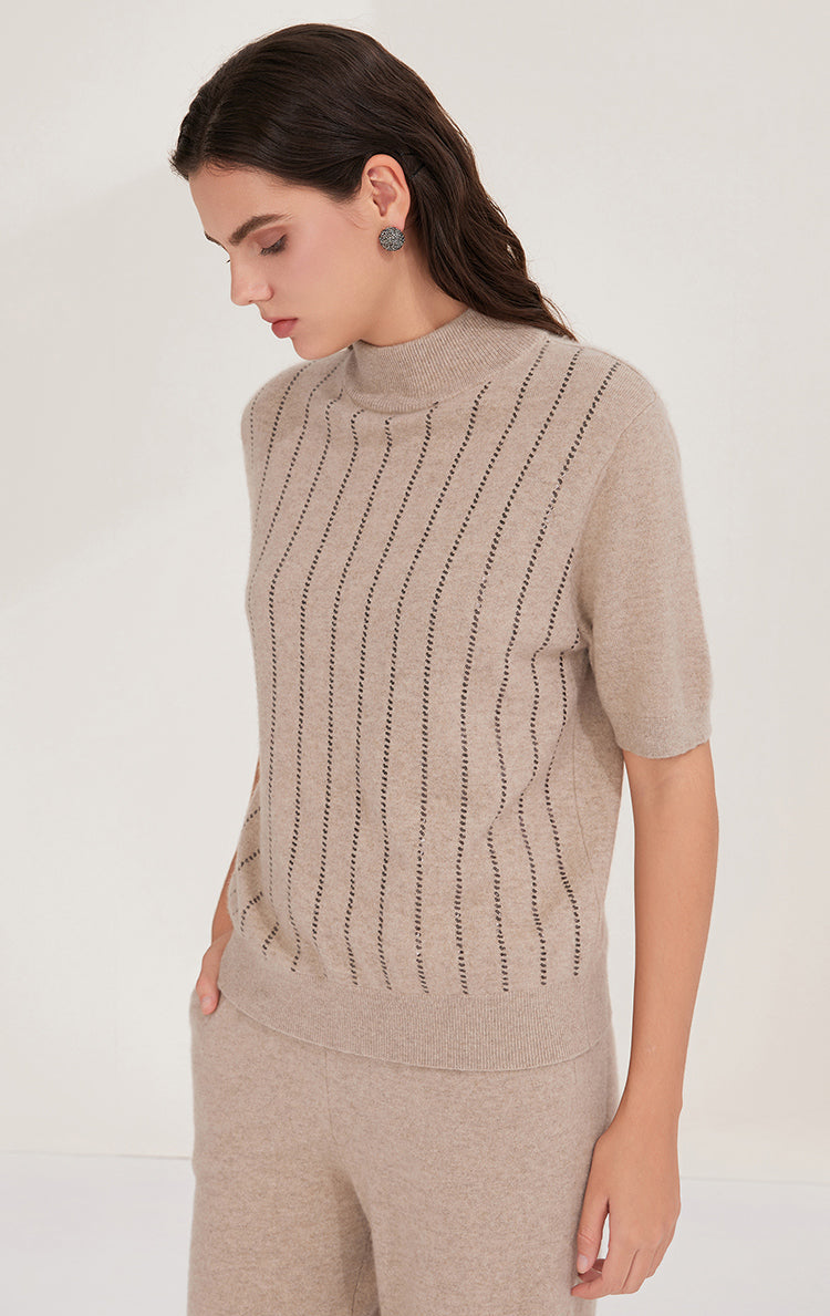 Saf Kaşmir Pul Bağlamalı Payet Çizgili Üst
