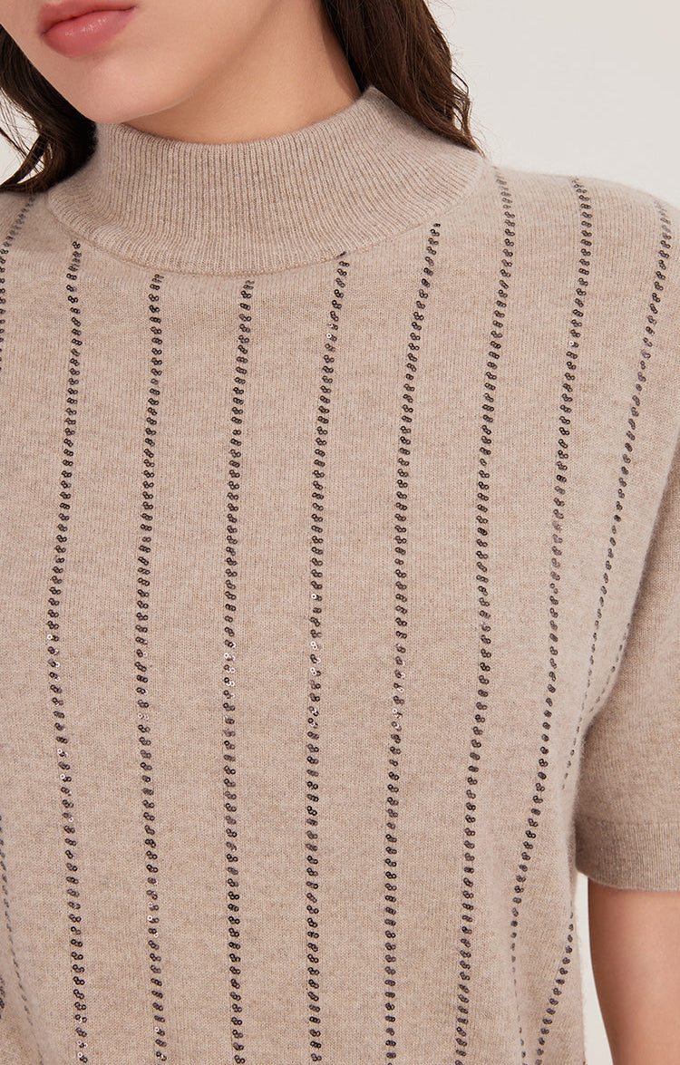 Saf Kaşmir Pul Bağlamalı Payet Çizgili Üst