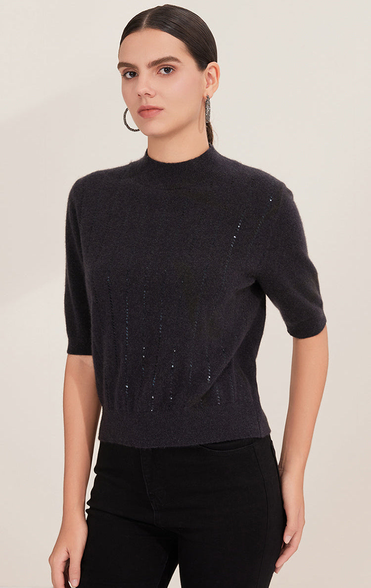 Saf Kaşmir Pul Bağlamalı Payet Çizgili Üst