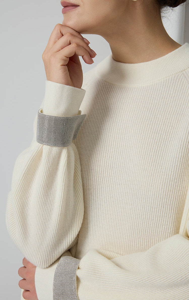 Merino Yünü Nervürlü Metalik Manşetli Kazak