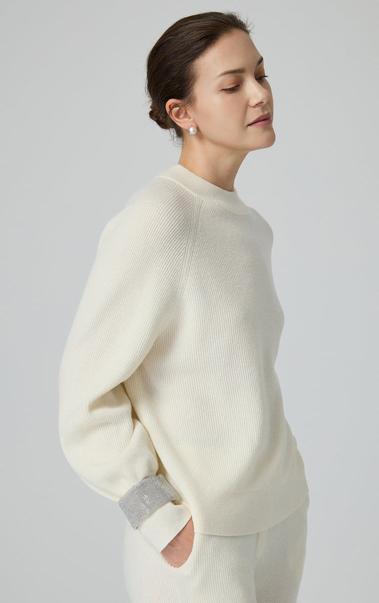 Merino Yünü Nervürlü Metalik Manşetli Kazak