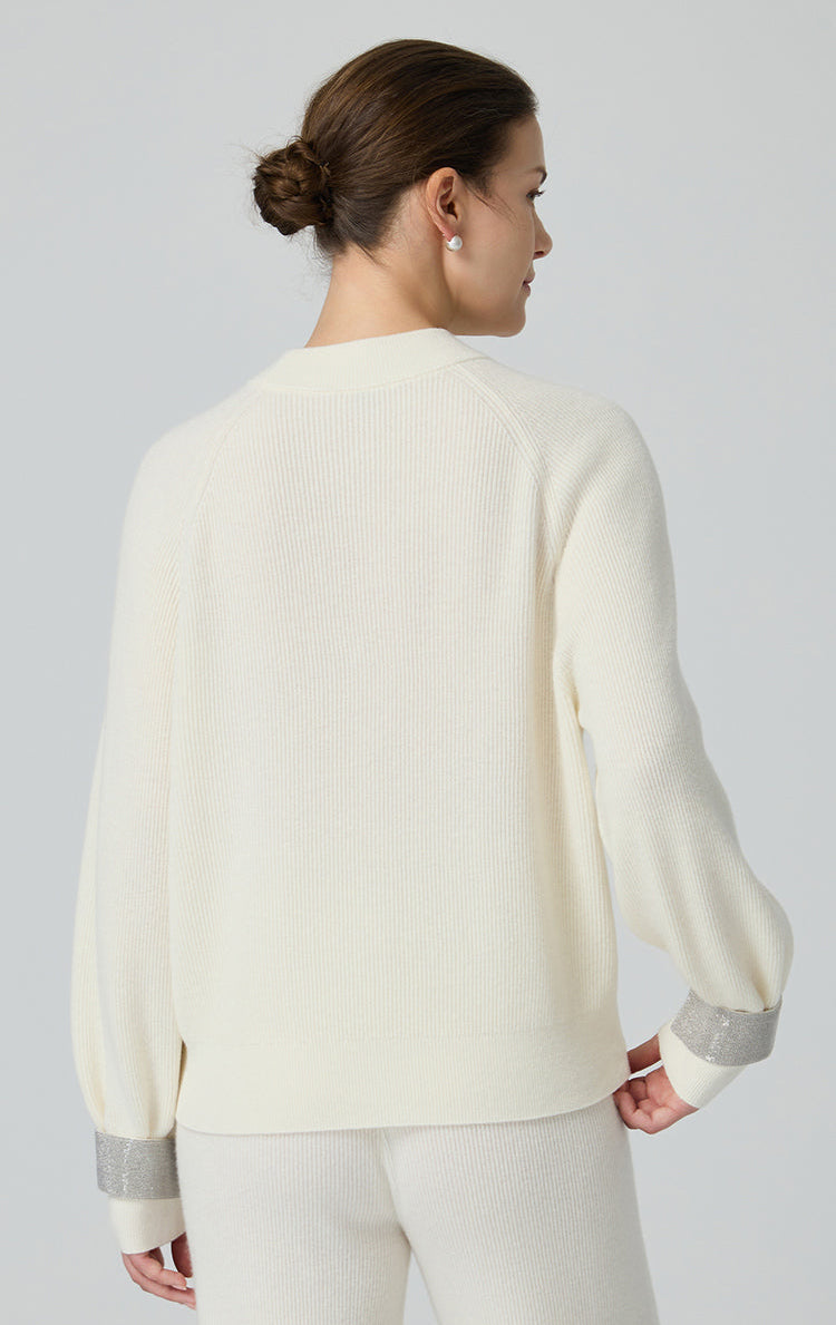 Merino Yünü Nervürlü Metalik Manşetli Kazak