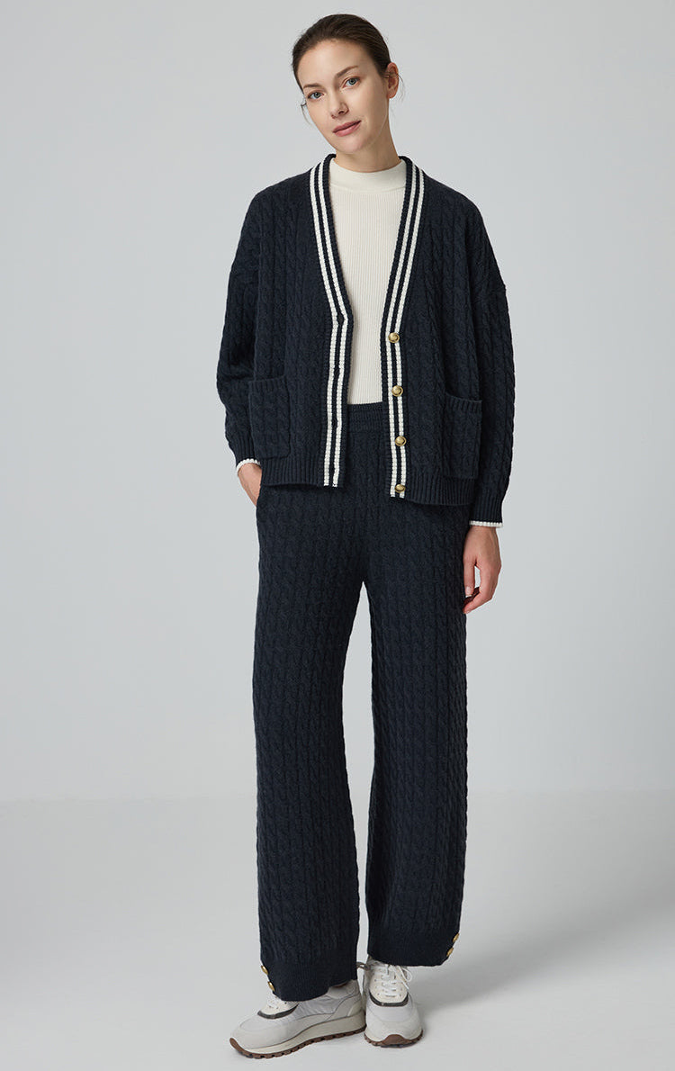 Merino Yünü Örgü Kontrast Hırka