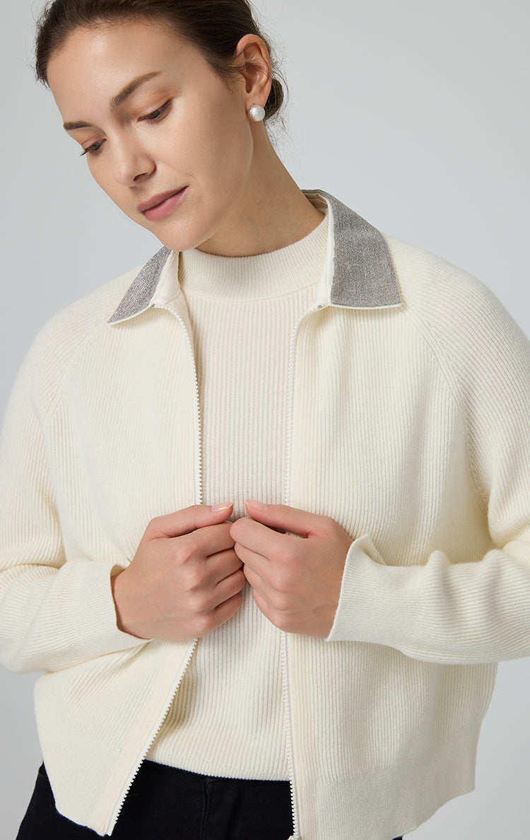 Merino Yünü Fermuarlı Örgü Ceket