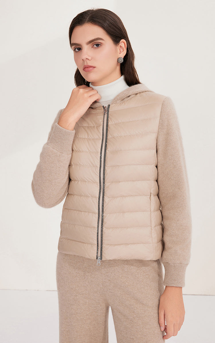 Saf Kaşmir Kapüşonlu Kaz Tüyü Örgü Ceket