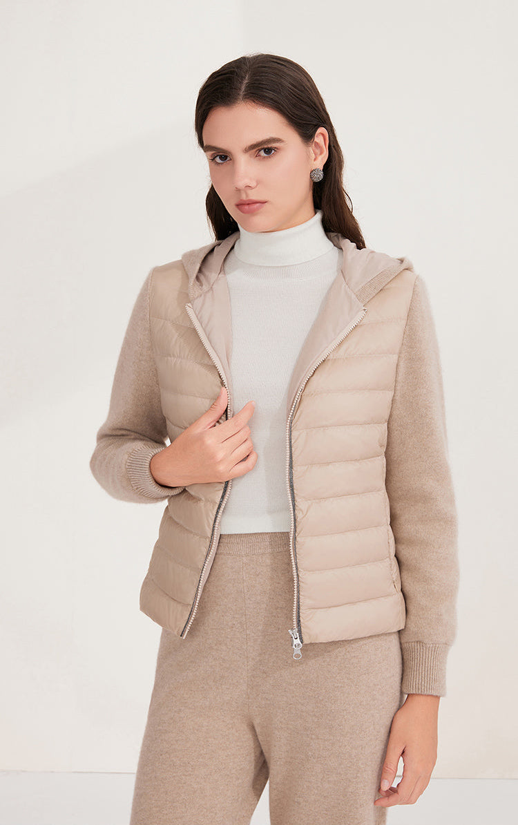 Saf Kaşmir Kapüşonlu Kaz Tüyü Örgü Ceket