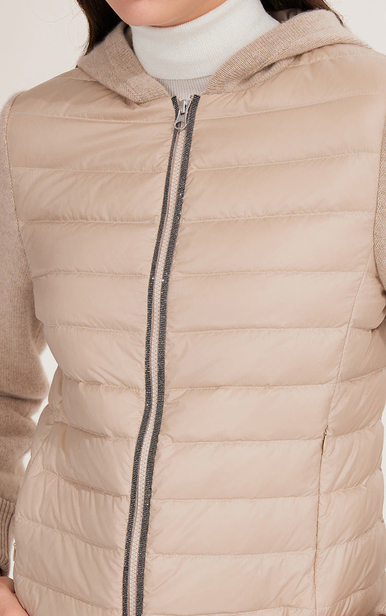 Saf Kaşmir Kapüşonlu Kaz Tüyü Örgü Ceket