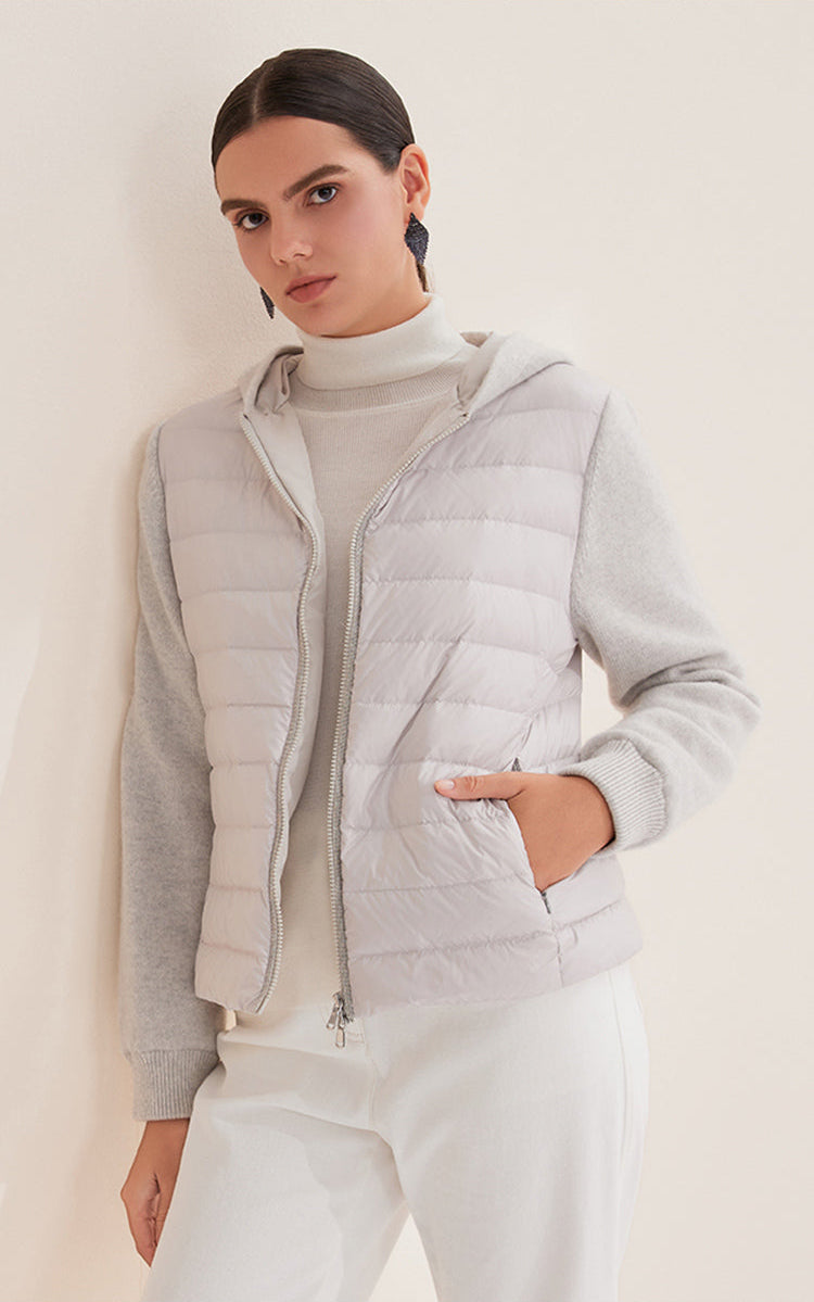 Saf Kaşmir Kapüşonlu Kaz Tüyü Örgü Ceket