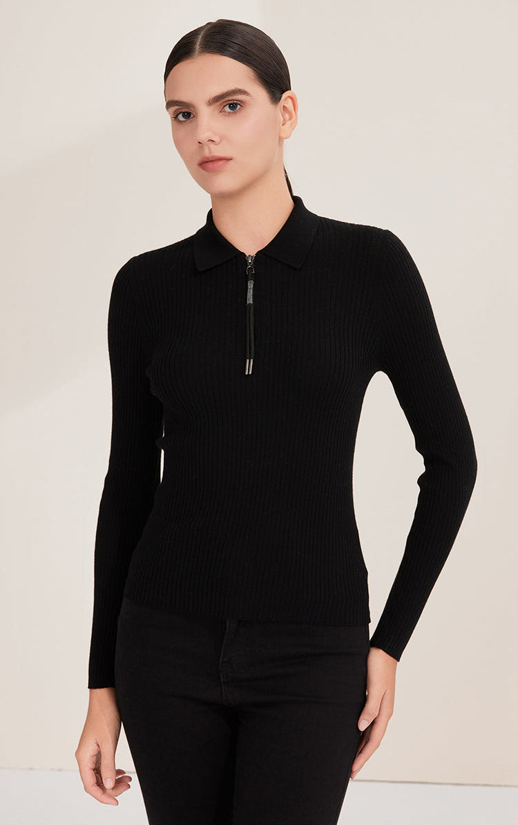 Merino Yünü Yarım Fermuarlı Polo Kazak